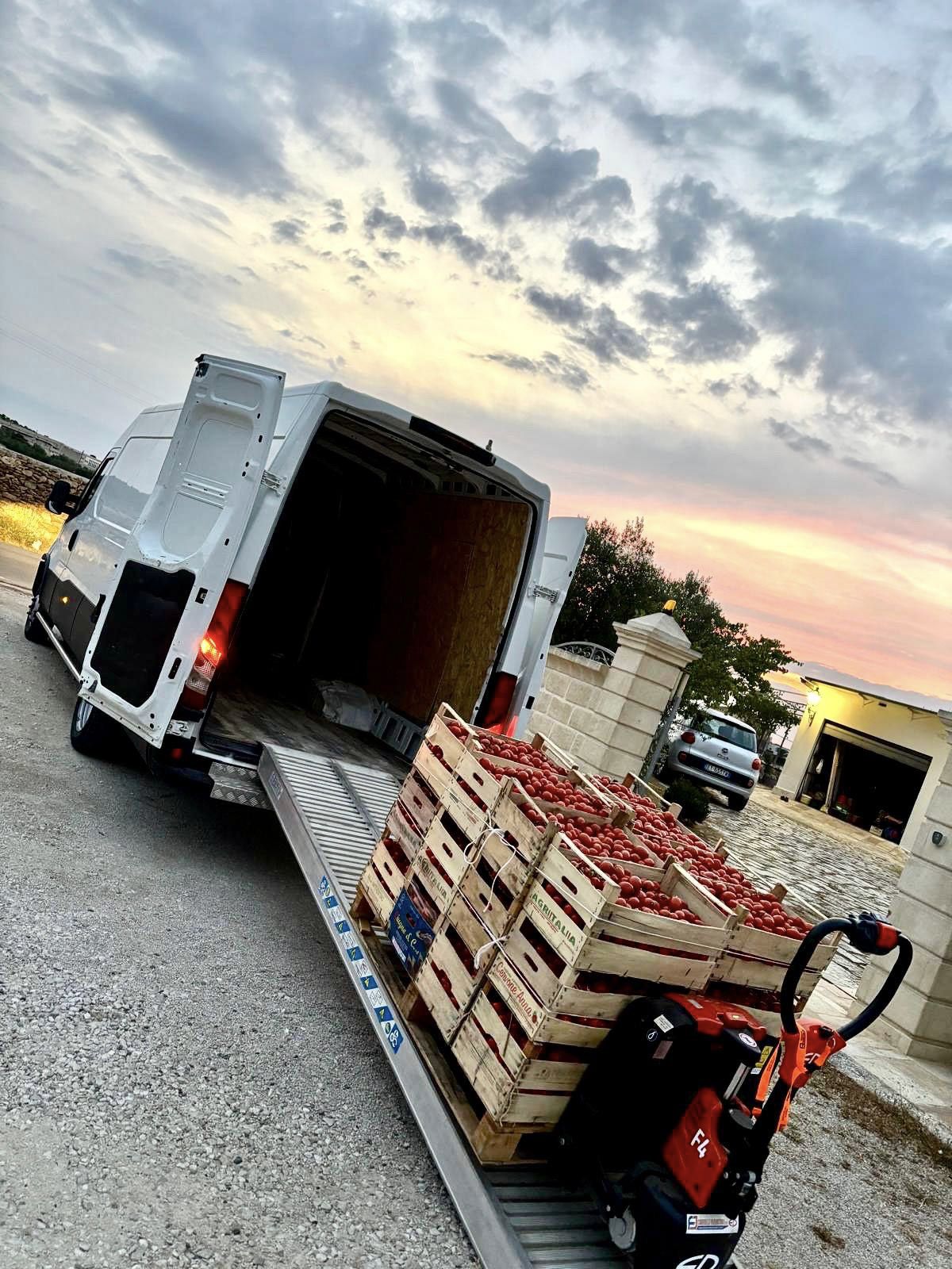 Transpaleta eléctrica frutera de litio transportando cajas de tomates en una rampa de carga