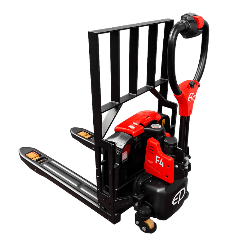 Vista lateral de transpaleta eléctrica frutera compacta para almacén y logística